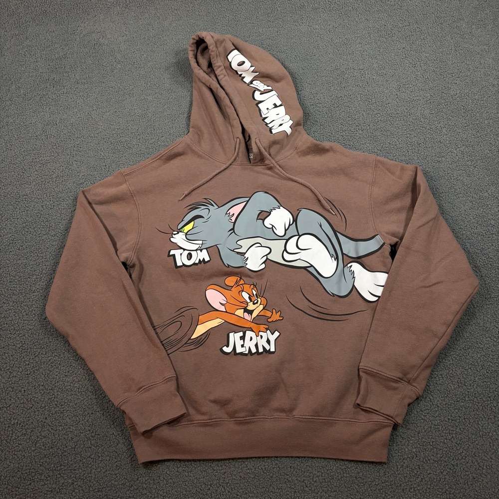 Tom and Jerry Hoodie Mens Medium Brown Graphic Pullover Sweatshirt Cartoon Retro